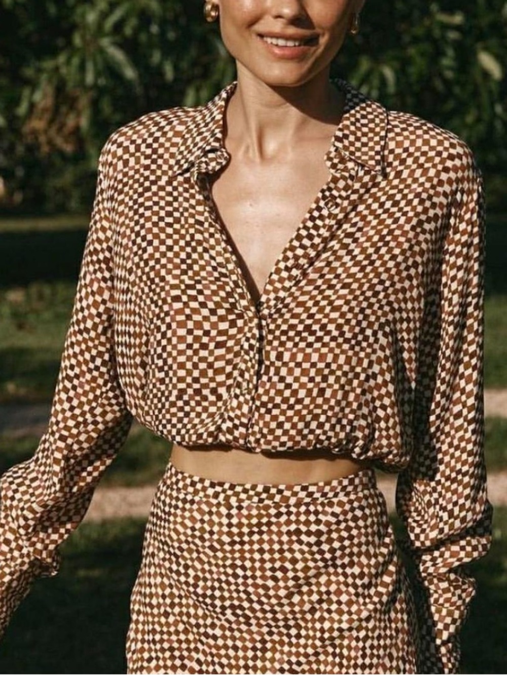 DISSH Iris Cropped Blouse in Checkered Chocolate Geo Print Size 8